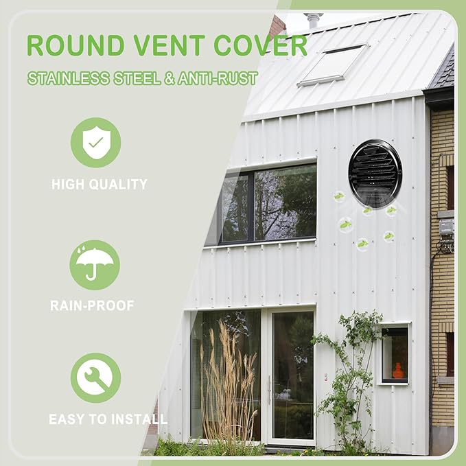 4 Inch Stainless Steel Air Vent Cover, FocuVenHom Black Soffit Vent Cover Louvered Grille Cover Hood Flat Ducting Ventilation Wall Vent with Built-in Fine Mesh for Garage, Apartment, RV