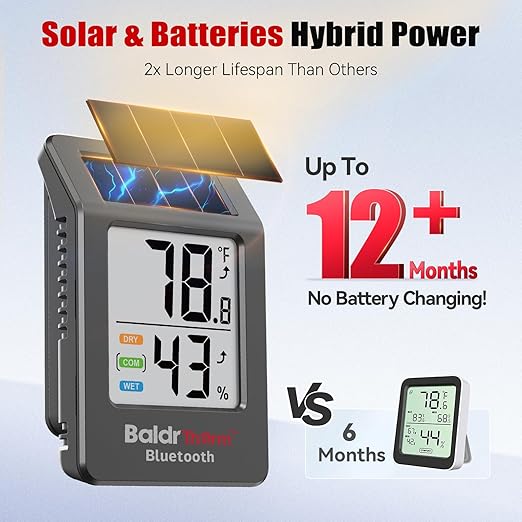 BaldrTherm Bluetooth Thermometer Wireless, Smart Thermometer with App Control, 200ft Coverage, Offline Storage, Trend Charts, Real-Time Alerts for Home, Pet Cage, Indoor/Outdoor Use, Black, 2pack