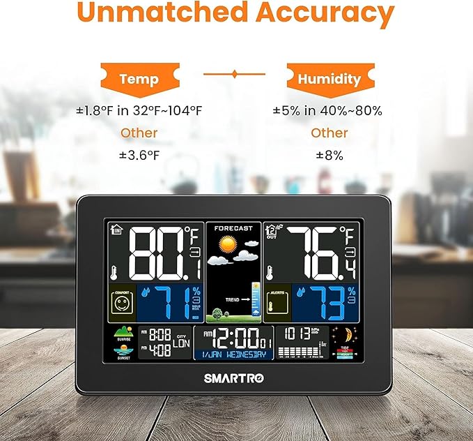 SMARTRO Weather Station Wireless Indoor Outdoor Thermometer for Home, Large Color Display Digital Clock, Forecast with Barometer, Ambient Temperature Humidity Monitor with Moon Phase