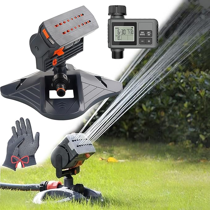 16-Nozzle Oscillating Sprinkler with Dual-Zone Sprinkler Water Timer, Sprinklers for Yard, Heavy Duty Automatic Lawn Garden Irrigation System (A-with Water time)