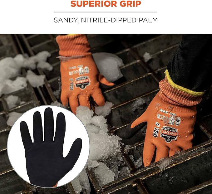 Ergodyne ProFlex 7551 Waterproof Winter Work Gloves, Cut Resistant ANSI A5, Sandy Nitrile Coated Palms, Thermal Fleece Lining, 12-Pack