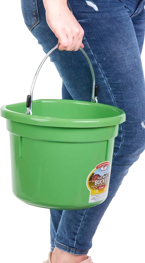 Little Giant® Flat Back Plastic Animal Feed Bucket | Animal Feed Bucket with Metal Handle | Horse Stall Feeding and Watering Supplies (Lime Green, 8 Quart)