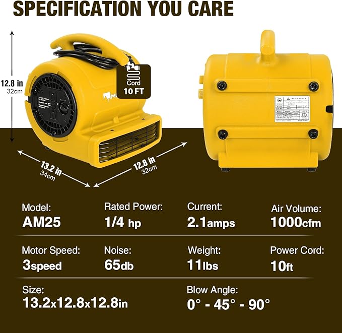 MOUNTO 1/4hp 1000CFM 2 Speed Air Mover Carpet Dryer Floor Fan Cooling Fan (Yellow)