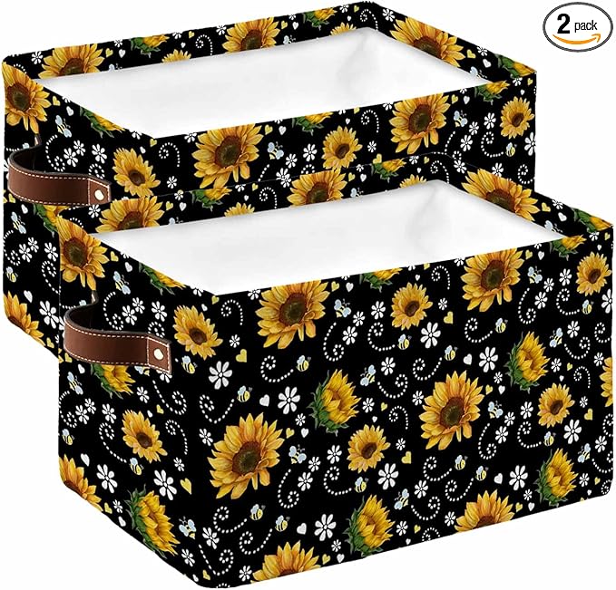 Black Yellow Sunflower Storage Bins Cubes Waterproof Cloth Storage Basket,Summer Botanical Farmhouse Floral Foldable Storage Bags for Shelf Clothes Storages Organizers with Handles 15x11x9.5 in 2PCS