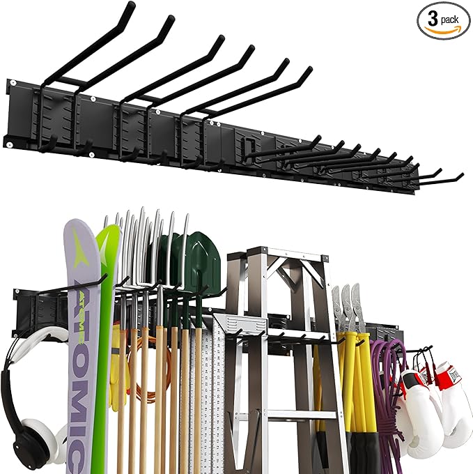 48 Inches Garage Organization,Wall Mount Garden Tool Organizer, 660lbs Adjustable Heavy Duty Metal Hanging Hooks, Garden Tool Hangers Storage Rack for Garage, Yard, and Shed (3 Racks, 9 Hooks)