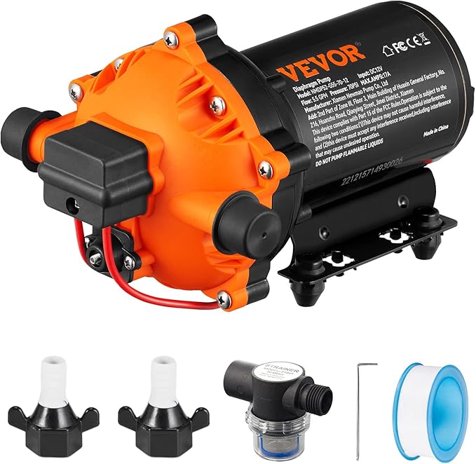 VEVOR Water Diaphragm Pump, 12V DC, 5.5 GPM Flow, 70 PSI Rated Pressure (40-100 PSI Adjustable), 1/2" MNPT Self Priming Sprayer Pump with Pressure Switch for RV Camper Marine Boat Lawn, FCC Certified