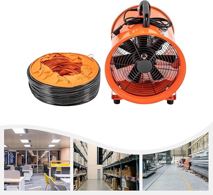 Utility Blower Exhaust Fan, 12 Inch Heavy Duty Cylinder Axial Fan with 16 ft / 5 m Duct Hose 3300RPM High Velocity Low Noise Extraction and Ventilation Fan for Crawl Spaces, Attics, Basements