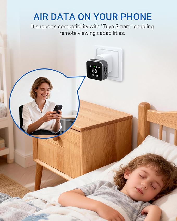 Air Quality Monitor Plug-in, Portable Air Tester for PM2.5, CO2, TVOC, PM10, Temperature, Humidity with Visual and Audible Alarm, App Control for Indoor and Outdoor