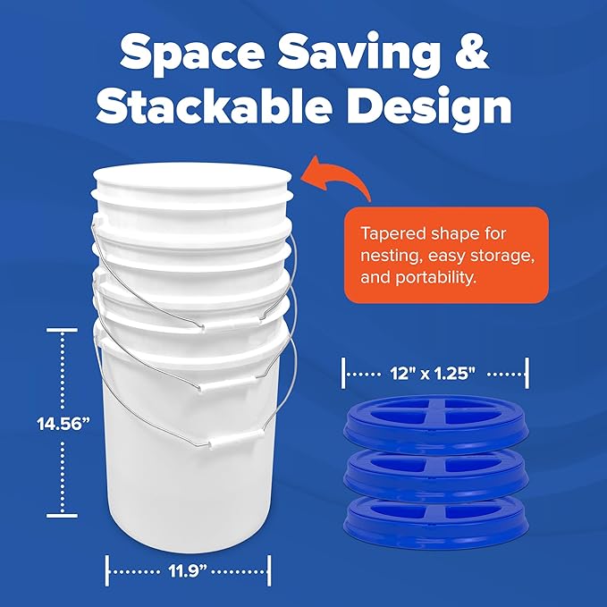 ePackageSupply 5 Gallon Bucket - Food Grade Bucket with Airtight Gamma Seal Screw-On Lid, BPA-Free, Heavy-Duty 90 Mil HDPE Plastic, Bulk Storage, Durable Container, Made in USA, White/Blue, 3 Packs