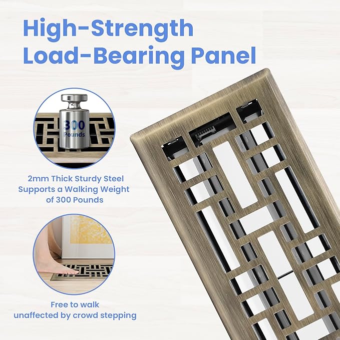 Howeall 4x12 Inches 2 Pack Heavy Duty Walkable Floor Register Easy Adjust Air Supply Lever Floor Vents - Seattle Design - Vent Cover for Home Floor - Antique Brass