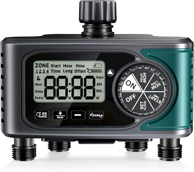 Sprinkler Timer 4 Zone, Programmable Water Timer for Garden Hose with Rain Delay, Manual and Automatic Irrigation Controller System, 4 Outlets Timed Irrigation Controller System for Lawn