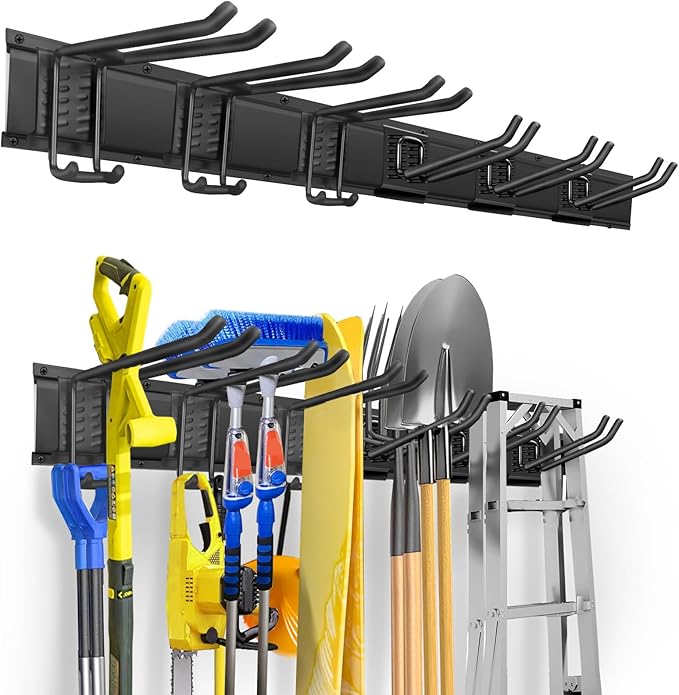 Garden Tool Organizer Wall Mount, Heavy Duty 48 Inches Garage Organization and Storage Racks for Yard Tools with 6 Hooks, Tool Hangers Holders for Hanging Folding Chair, Rake and Shovel