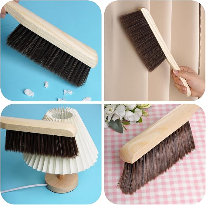 Rbenxia 2 Pieces Wooden Handle Bench Brushes Horse Hair Brushes Soft Bristles Dust Brush Household Cleaning Brushes for Fireplace, Sofa, Furniture, Workshop Woodworking (Brown)