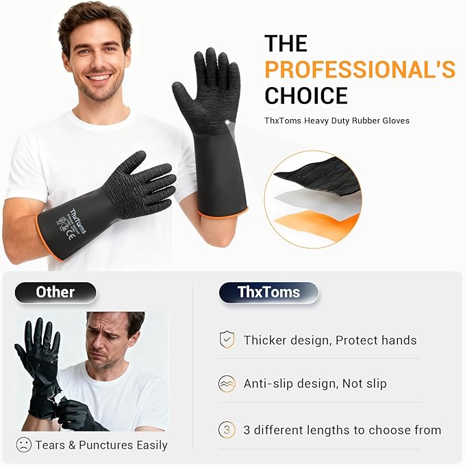 ThxToms Heavy Duty Rubber Gloves, Industrial Chemical Resistant Gloves Waterproof Reusable Protective Work Gloves for Cleaning, Dishwashing,Upgraded with Non-Slip Design, Black, 22" 1 Pair