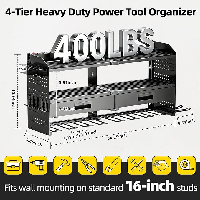 Power Tool Organizer Wall Mount Heavy Duty 400 lbs, 4 Layers Storage Rack with 9 Drill Holders & Battery Storage, Cordless Tool Organizer for Garage, Workshop & Tool Room