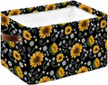 Black Yellow Sunflower Storage Bins Cubes Waterproof Cloth Storage Basket,Summer Botanical Farmhouse Floral Foldable Storage Bags for Shelf Clothes Storages Organizers with Handles 15x11x9.5 in 1PCS
