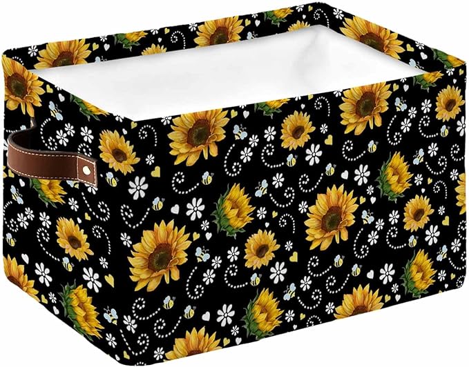 Black Yellow Sunflower Storage Bins Cubes Waterproof Cloth Storage Basket,Summer Botanical Farmhouse Floral Foldable Storage Bags for Shelf Clothes Storages Organizers with Handles 15x11x9.5 in 1PCS