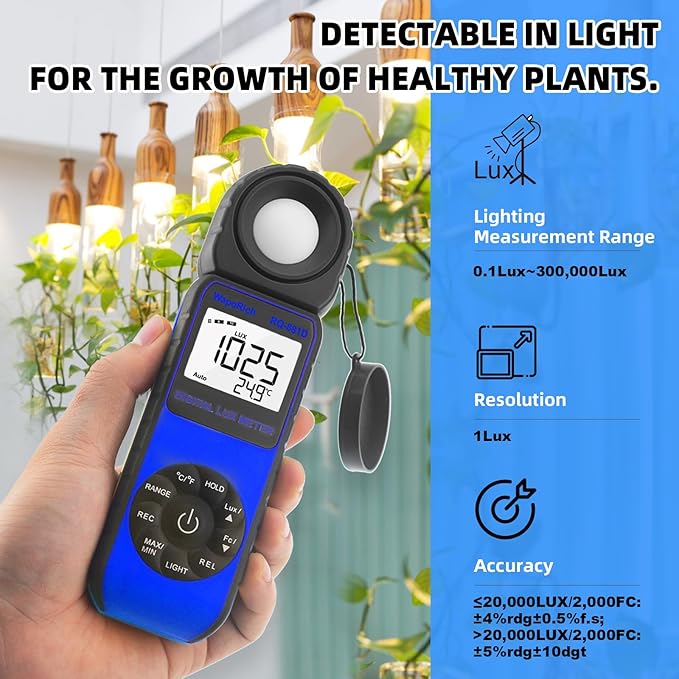 Digital Light Meter WapoRich RQ-881D Illuminance Tester w/Rotatable Sensor 1-400,000 Lux/FC for LED White Light, Plants, Photography, Home & Industrial Use