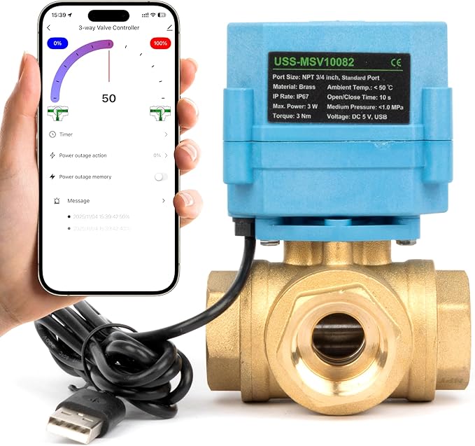 U.S. Solid WiFi Smart Motorized Ball Valve 3/4 inch NPT for Water Control & Irrigation, 3 Way Brass Electric Valve, USB Powered, LED Status Indicator, Flow Direction Window, Remote On/Off Control