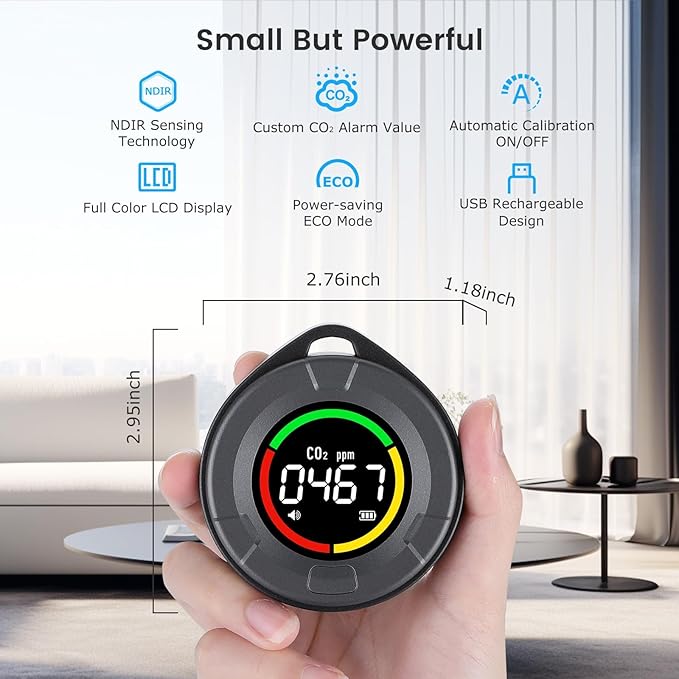 INKBIRDPLUS Portable CO2 Detector, Mini Indoor CO2 Monitor, NDIR Sensor with Full Color LCD, for Home, Office, Travel (PTH-10C)