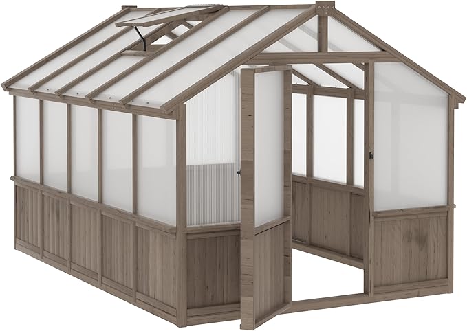 Yardenaler 8x10 FT Greenhouse Kit with 6MM Thick Polycarbonate Panel for Outdoor, Wooden Walk-in Green House with Adjustable Roof Vent and Lockable Door, Backyard, Garden, Light Mocha Brown