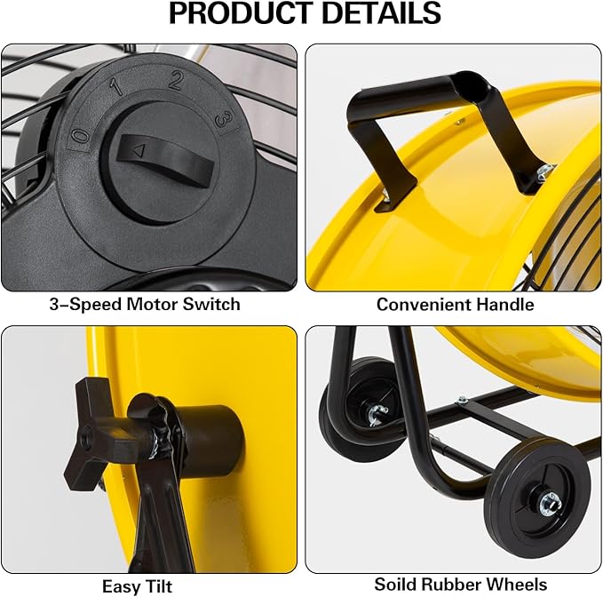 hykolity 24 inch 8100 CFM High Velocity Industrial Drum Fan, 3-Speed Heavy Duty Metal Shop Fan for Warehouse, Garage, Workshops, Factory, UL Listed, Yellow