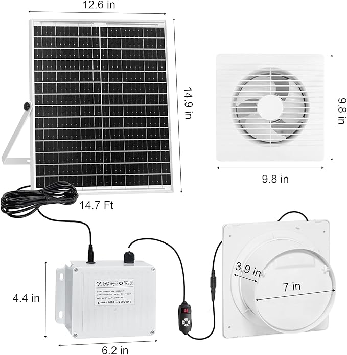 Solar Exhaust Fan with 24000mAh Battery Day & Night Work Fans, 25W 9.8" Solar Ventilation Fan for Chicken Coop with Timer, Waterproof Greenhouse Solar Powered Fan for Shed, Pet Houses, Outdoor Cooling