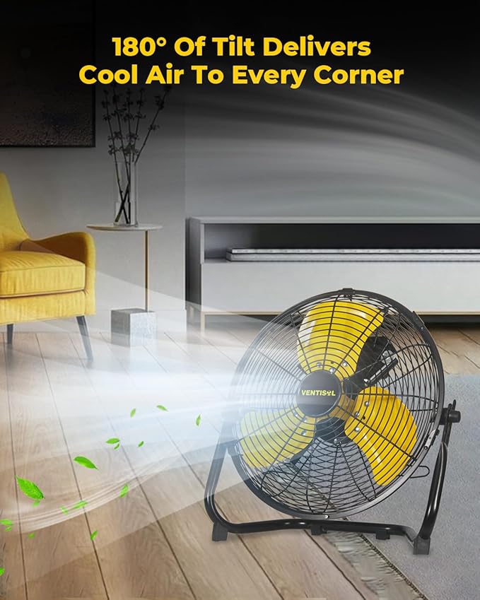 VENTISOL 12 Inch Portable Floor Fan, 3 Speed Metal Industrial Shop Fans with 180° Tilt, 1700 CFM High Velocity Heavy Duty Fan, for Bedroom, Garage, Workshop