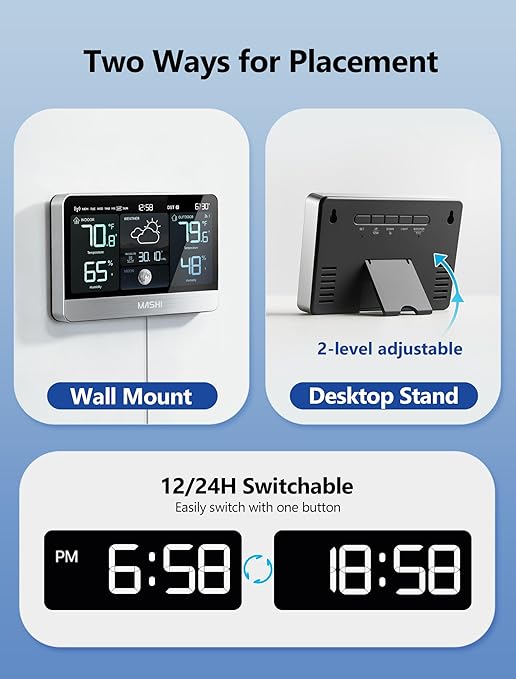 MASHI Weather Station with 8.8" Color Display, Wireless Indoor Outdoor Thermometer Hygrometer, Atomic Clock, Accurate Weather Forecast, 5-Level Brightness,Easy for Seniors, Bedroom, Garden, Kitchen
