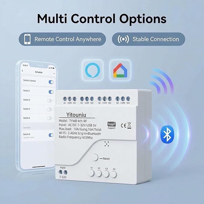 4CH Wireless Relay Module | Smart Home Control | Remote Switch | Self-Locking Mode | Tuya APP & Bluetooth Compatible
