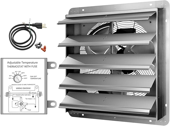 iPower 20 Inch Wall Mounted Shutter Exhaust Fan with Temperature Controller and Power Cord Kit, Aluminum, 1200 RPM, 3368 CFM, for Attic, Garage, Louvered Vent, Plant, Greenhouse, Silver