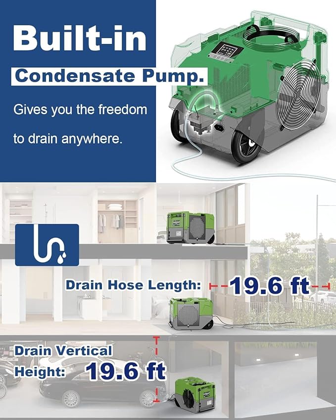 ALORAIR 264 PPD LGR Commercial Dehumidifier with Pump, Up to 3,000 Sq.Ft Industrial Dehumidifier, Portable, for Water Damage Restoration, Basement, Crawl Space, 5 Years Limited Warranty, Green