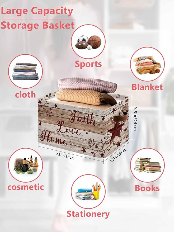 Vintage Farmhouse Storage Bins Cubes Waterproof Cloth Storage Basket,Brown Country Star Berries Wooden Grain Foldable Storage Bags for Shelf Clothes Storages Organizers with Handles 15x11x9.5 in 1PCS