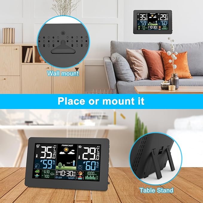 Weather Station Wireless Indoor Outdoor, Thermometer Wireless with Remote Sensor, Home Weather Station, Color Display Digital Weather Forecast, Humidity, Atomic Clock, Air Pressure for Home
