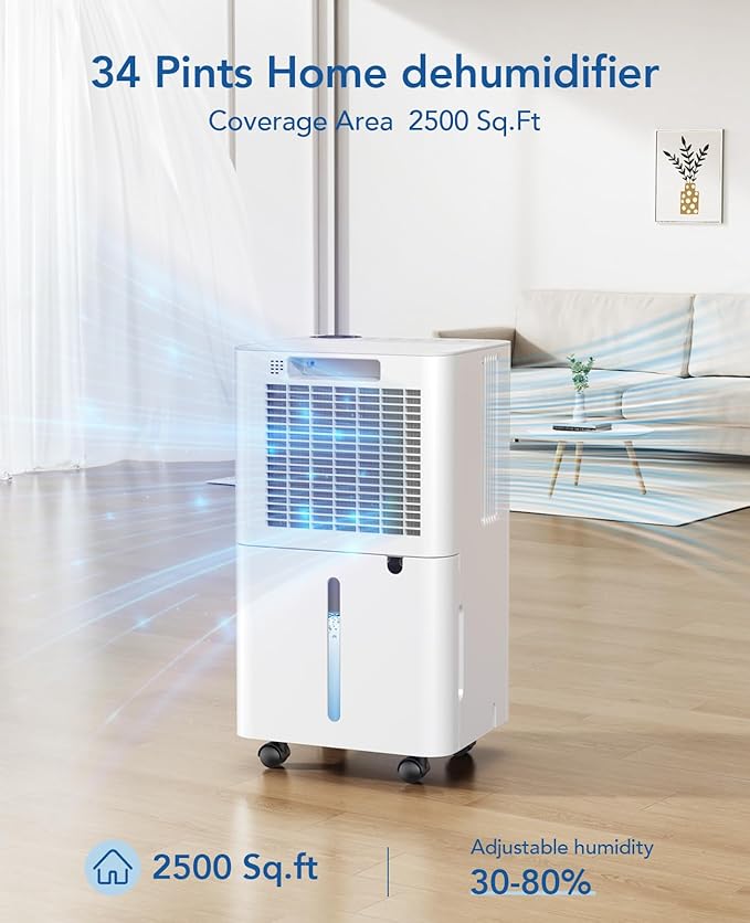 2500 Sq.Ft Dehumidifier for Basement with Drain Hose Max 34 Pints, Dehumidifiers for Home Large Room Bathroom Bedroom, 3 Modes, Smart Humidity Control, Auto Defrost, 24H Timer, Sleep Mode