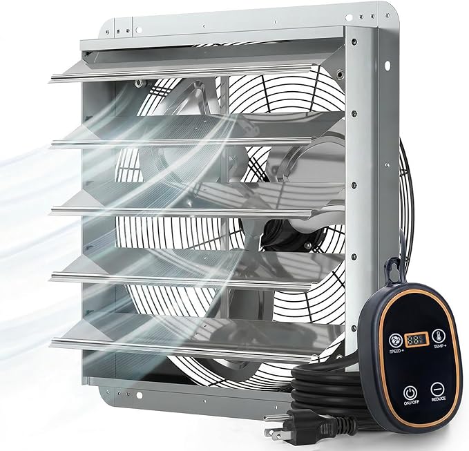 Amico 20" Smart Shutter Exhaust Fan with Thermostat & 8 Speed, 3800 CFM (Up to 5500 Sq.Ft), 70W Commercial EC Motor, Wall Mount Warehouse/Barn/Greenhouse/Warehouse Vent Fan, Plug & Play, FCC
