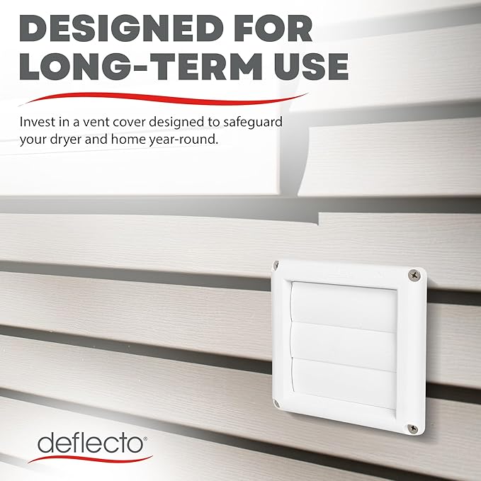 Deflecto Supurr-Vent 4” Outdoor Dryer Vent Cover White Louvered Wall Hood with Gravity Damper for Backdraft Prevention, Fits Standard 4” Dryer Exhaust Pipe, Weather & UV-Resistant, Durable 6"x6" Face