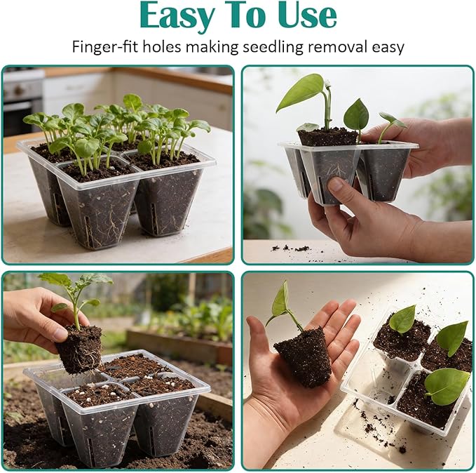 RooTrimmer 5 Pack Heavy Duty 1020 Trays and 40 Pack Clear 4 Cell Seed Starter Trays with Large Drainage Holes, Easy Transplant - for Seed Germination & Plant Propagation (5 Sets)