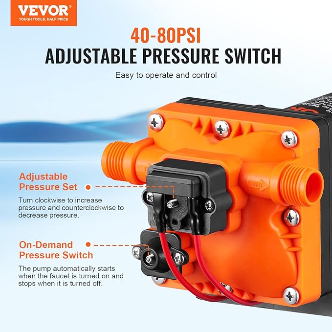 VEVOR 12V Diaphragm Pump, 3.5 GPM Flow, Self Priming Water Pump with Pressure Switch, 40-80 PSI Adjustable, Overload Protection, Sealing Tape, 1/2" MNPT, for RV Boat Agricultural and Garden Irrigation