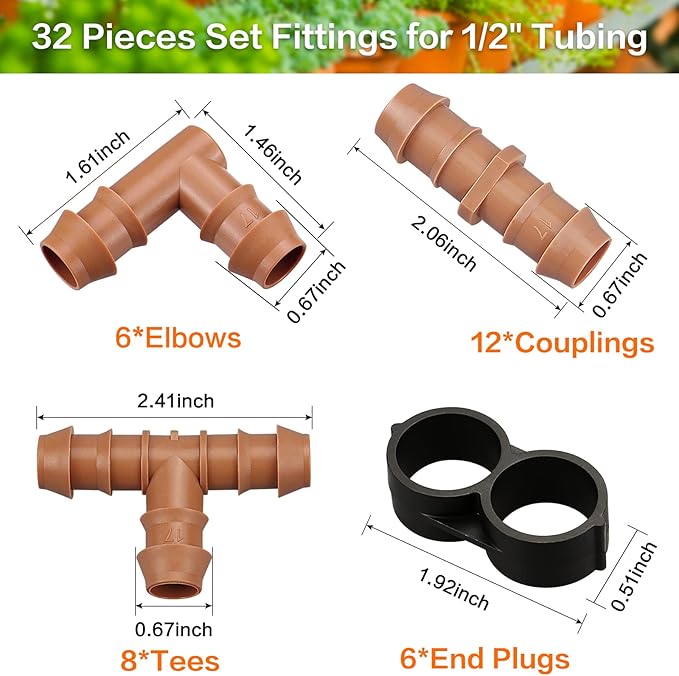 Irrigation Fittings Kit for 1/2" Tubing, 32 Pieces Line Connectors for Drip Sprinkler Systems - 12 Couplings, 8 Tees, 6 Elbows, 6 End Caps, Parts for 1/2 Inch Hose