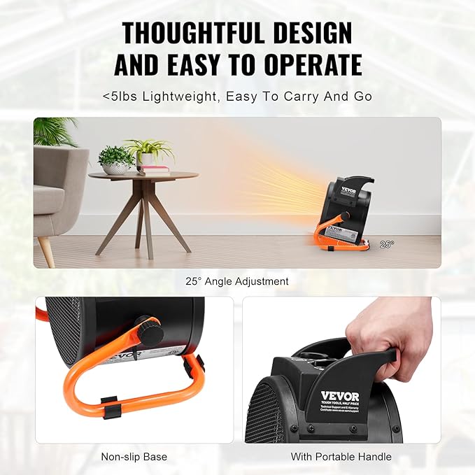 VEVOR Greenhouse Heater, 1500W PTC Fast Heating With Overheat Protection, 3-Speed Setting Small Grow Tent Fan, Electric Portable for Green House, Flower Room, Workplace
