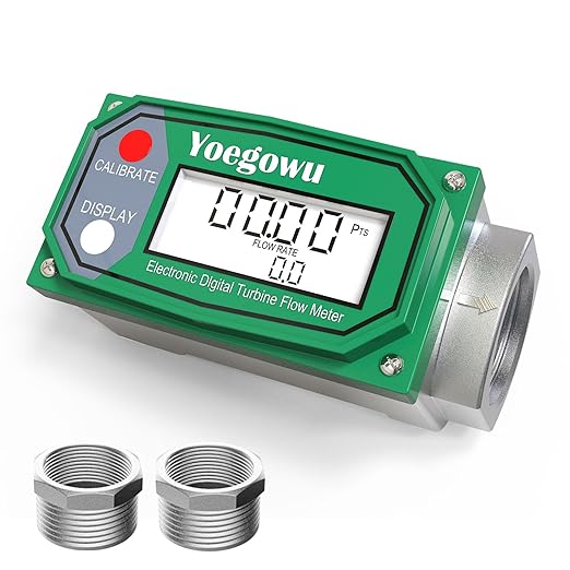 1" Digital Turbine Fuel Flow Meter, 2.6–26 GPM Inline NPT Flowmeter with LCD Display and 3/4" Adapters,For Diesel,Gasoline,Kerosene, Water and Other Liquids –Supports Gallon, L, QTS, PTS, m³ (1"&3/4")