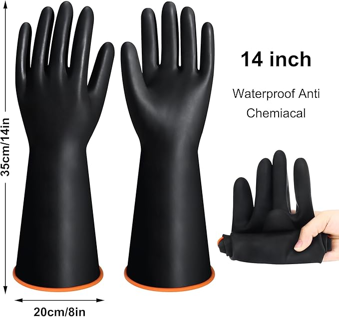 14" XL Size Latex Chemical Resistant Gloves, Reusable Heavy Duty Long Rubber Gloves Dishwashing Glove, Industrial Safety Gloves for Men, Forearm Protection Waterproof Resist Strong Acid, Alkali, Oil