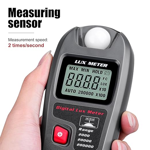 Light Meter, Handheld Lux Meter for Lighting Intensity Brightness Measurement, Digital Light Intensity Meter Range up to 200,000 Lux, Illuminance Sensor with MAX/MIN, Data Hold