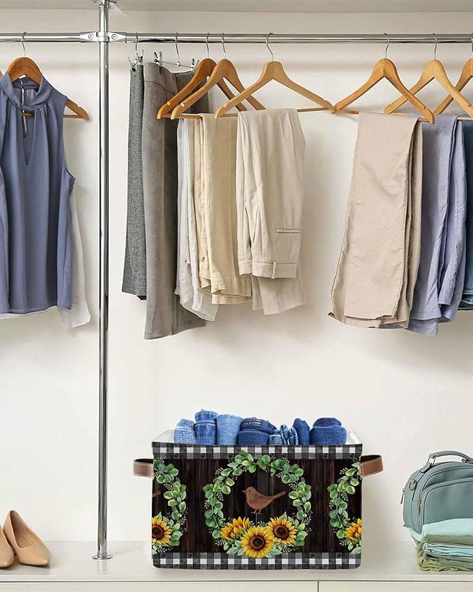 Spring Eucalyptus Sunflower Storage Bins Cubes Waterproof Cloth Storage Basket,Farmhouse Birds Brown Wood Foldable Storage Bags for Shelf Clothes Storages Organizers with Handles 15x11x9.5 in 2PCS