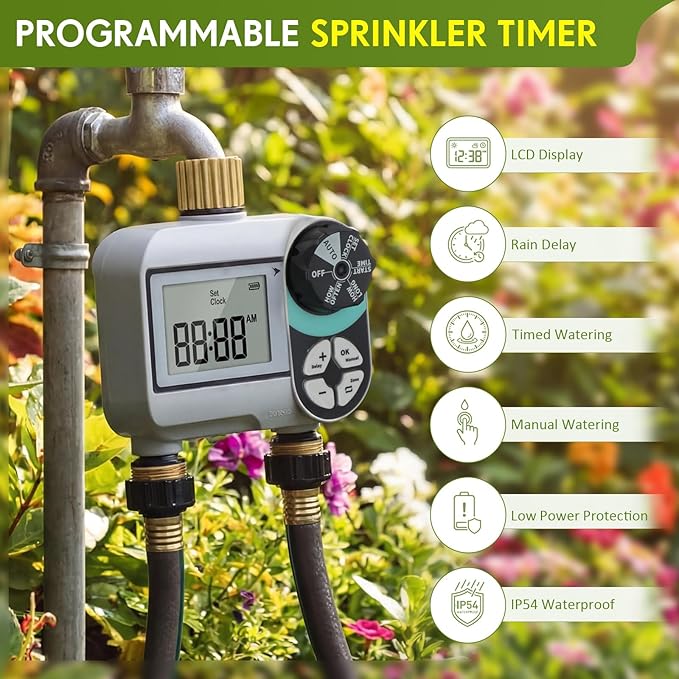 Kingdder Sprinkler Timer for Yard with Brass Inlet and Outlet Watering Timer for Garden Hose Timers Automatic Irrigation System with Rain Delay/Manual/ IP54 Waterproof(2 Outlet)