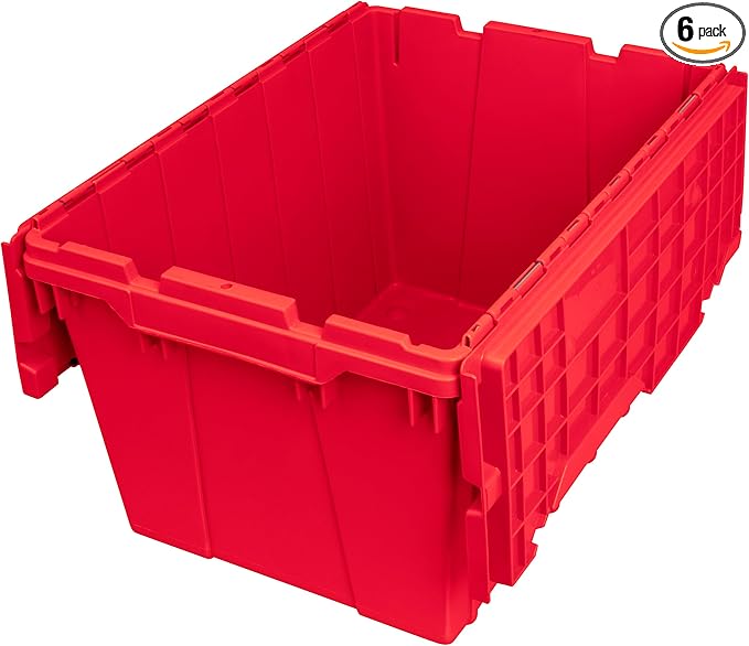 Akro-Mils 39120 Industrial Lidded Plastic Storage Container, Nesting and Stackable Plastic Storage Box with Lid Attached, Organization Tote for Garage and Warehouse, 21.5"x15.25"x12.5", Red (6-Pack)