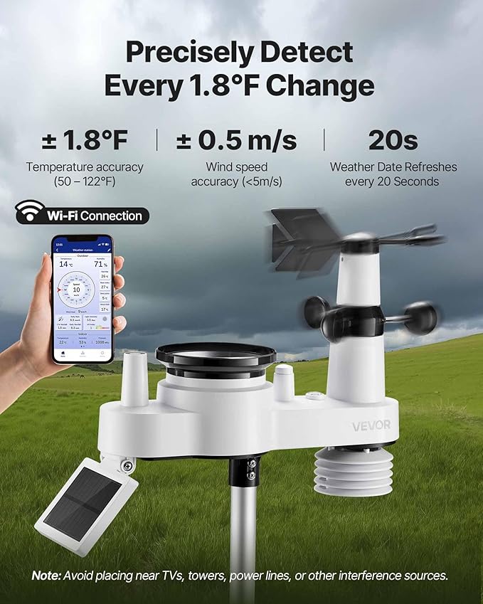 VEVOR 7-in-1 Wi-Fi Weather Station, 7-Inch TFT Display, Wireless Solar Powered Outdoor Sensor, Rain Gauge, Indoor Outdoor for Weather Forecast, Wind Speed Direction, Temperature, Humidity, Rainfall