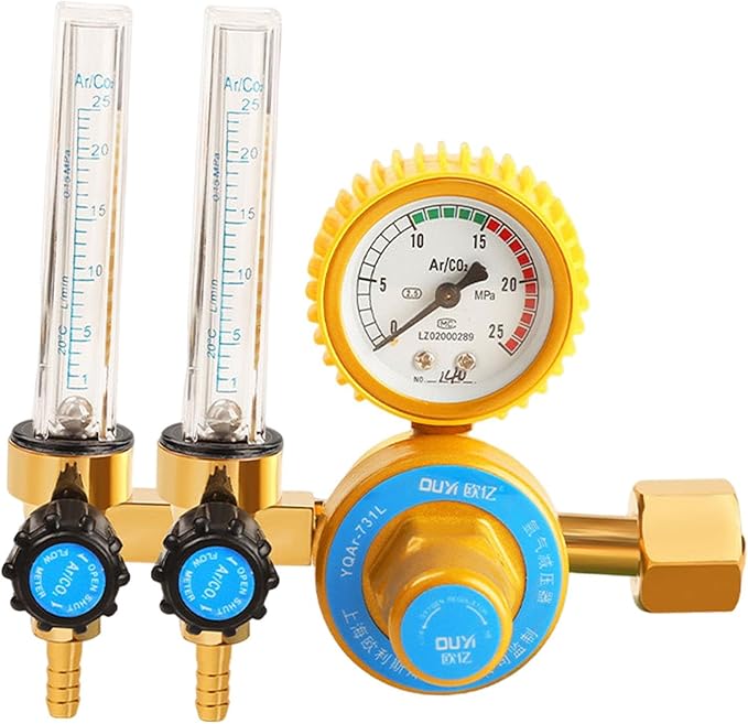 Amagogo Regulator Welder Argon CO2 Regulator Meter Pressure Gauge Aluminum Alloy Gas Regulator Welders Flowmeter Suitable for Chemical Electronics MIG We, double