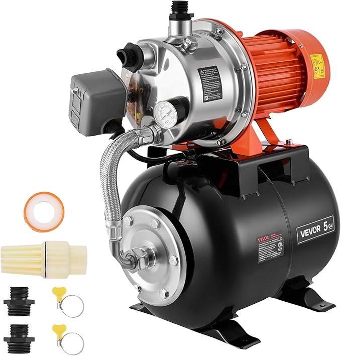 VEVOR 1.6 HP Shallow Well Pump with Pressure Tank, 120V 1320 GPH, Stainless Steel Irrigation Jet Pump with 5-Gal Tank, Automatic Water Booster System, 20/40 PSI Pressure Switch, for Home Garden Lawn